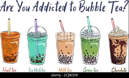 Bubble Tee Tasse Design-Kollektion, leckere Getränke, alkoholfreie Getränke mit Doodle Stil Banner, Bubble Milch Tee Anzeigen mit köstlichen Tapioka und Perle, Bubble Tee Stock Vektor