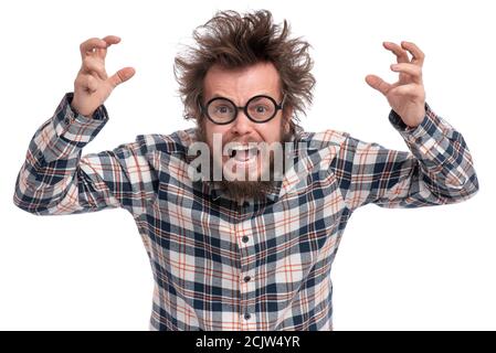 Verrückte bärtige Mann Emotionen und Zeichen Stockfoto