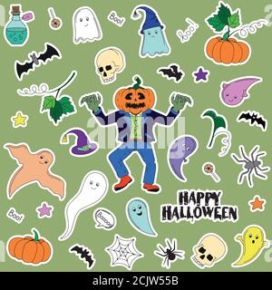 Halloween Aufkleber mit Geistern, Kürbissen, Schädeln. Im Cartoon-Stil. Niedliche Vektor-Icons für Halloween Stock Vektor