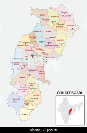 Administrative und politische Karte des indischen Staates Chhattisgarh, indien Stock Vektor