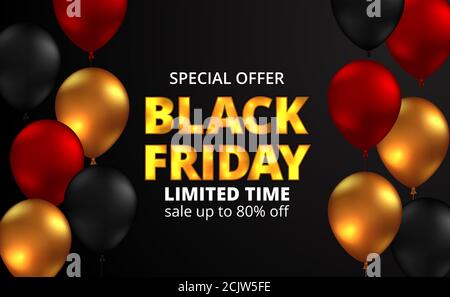 Black friday Sale Angebot Rabatt mit 3d schwarz, rot und golden fliegenden Helium Ballon. Poster Banner Vorlage Stock Vektor