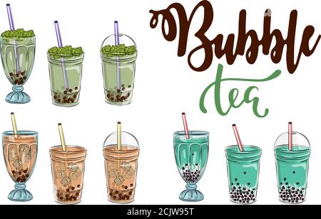 Bubble Tee Tasse Design-Kollektion, leckere Getränke, alkoholfreie Getränke mit Doodle Stil Banner, Bubble Milch Tee Anzeigen mit köstlichen Tapioka und Perle, Bubble Tee Stock Vektor