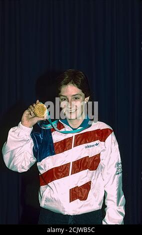 Bonnie Blair (USA) bei den Olympischen Winterspielen 1988 Winterspiele Stockfoto