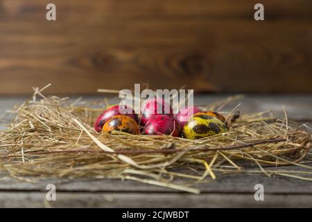 . Bemalte ostereier in einem provisorischen Strohnest auf einem Holzhintergrund Stockfoto