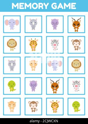 Memory-Spiel mit niedlichen Satz Cartoon Tiere. Karten Spiel finden zwei identische Bilder. Kinder Aktivitätsseite für Buch. Arbeitsblatt zur Entwicklung von Schulungen. Lo Stock Vektor