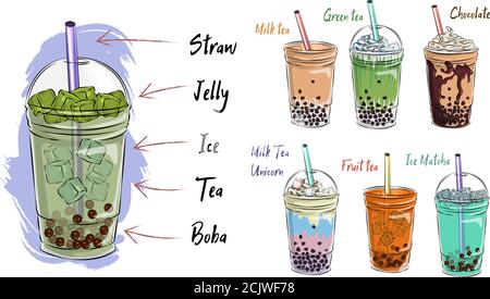 Bubble Tee Tasse Design-Kollektion, leckere Getränke, alkoholfreie Getränke mit Doodle Stil Banner, Bubble Milch Tee Anzeigen mit köstlichen Tapioka und Perle, Bubble Tee Stock Vektor