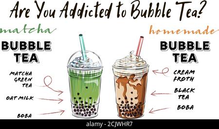 Bubble Tee Tasse Design-Kollektion, leckere Getränke, alkoholfreie Getränke mit Doodle Stil Banner, Bubble Milch Tee Anzeigen mit köstlichen Tapioka und Perle, Bubble Tee Stock Vektor