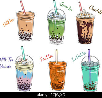 Bubble Tee Tasse Design-Kollektion, leckere Getränke, alkoholfreie Getränke mit Doodle Stil Banner, Bubble Milch Tee Anzeigen mit köstlichen Tapioka und Perle, Bubble Tee Stock Vektor