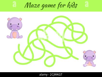 Lustige Labyrinth oder Labyrinth-Spiel für Kinder. Helfen Sie der Mutter, den Weg zum Baby zu finden. Arbeitsblatt zur Entwicklung von Schulungen. Aktivitätsseite. Cartoon Hippo-Figuren. Rätsel Stock Vektor