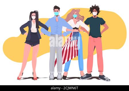 Mix Rennen Menschen in Masken stehen zusammen Labor Day Feier Coronavirus Quarantäne Konzept volle Länge horizontale Vektor-Illustration Stock Vektor