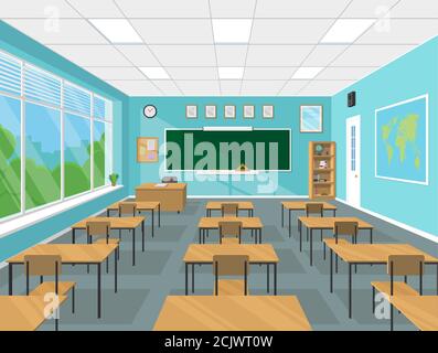 Klassenzimmer Innenraum einer Schule oder Hochschule mit Kreidetafel, Lehrer-Tisch, Schreibtische, Schulbedarf. Vektor-Illustration mit flachem Design Stock Vektor