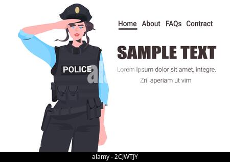 Polizistin in taktischer Ausrüstung Krawalle Polizeioffizier stehend Pose Demonstranten Und Demonstration Control Konzept Hochformat horizontale Kopie Raum Vektor-Illustration Stock Vektor