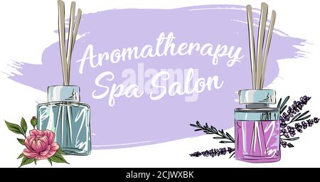 Räucherstäbchen in einem Diffusor, Blume Aromatherapie für Spa-Salon und zu Hause, Vektor-Illustration mit Blume auf weißem Hintergrund Stock Vektor