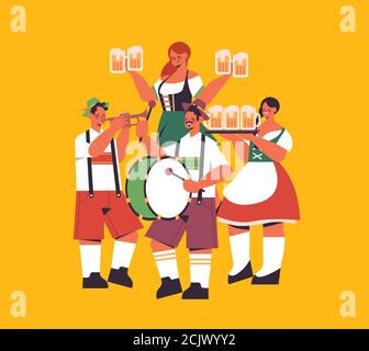 Menschen Gruppe hält Tassen und spielen Musikinstrumente Bier Festival Oktoberfest Party Feier Konzept Mix Rennen Freunde mit Spaß voll Längenvektordarstellung Stock Vektor