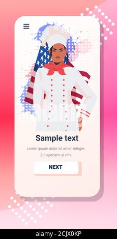 Koch in Uniform mit USA Flagge Happy Labor Day Feier Online-Kommunikation selbst Isolation Konzept Smartphone Bildschirm kopieren Raum vertikal Vektordarstellung im Hochformat Stock Vektor