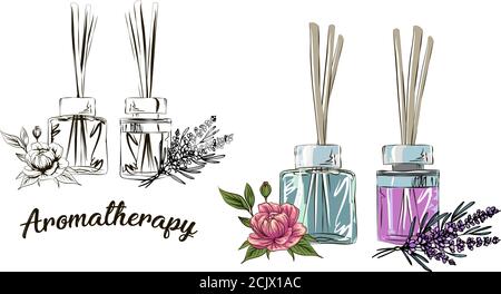 Räucherstäbchen in einem Diffusor, Blume Aromatherapie für Spa-Salon und zu Hause, Vektor-Illustration mit Blume auf weißem Hintergrund Stock Vektor