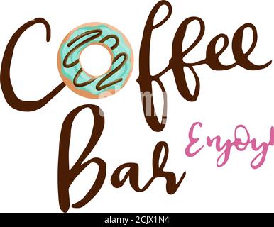 Mach dir keine Sorgen, sei glücklich. Niedlichen Druck mit Donut, Donuts und Tasse schwarzen Kaffee mit Donut Sorge sei glücklich Note, niedlich und hell Satz von Bagels. Flache Desi Stock Vektor