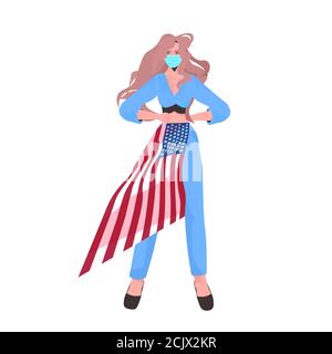 Frau in Maske hält USA Flagge Labor Day Feier Coronavirus Quarantäne Konzept volle Länge Vektor-Illustration Stock Vektor