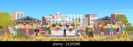 Menschen in Masken Bier trinken oktoberfest Party Feier im Freien Outdoor-Festival Stadtlandschaft Hintergrund voller Länge horizontale Vektor-Illustration Stock Vektor