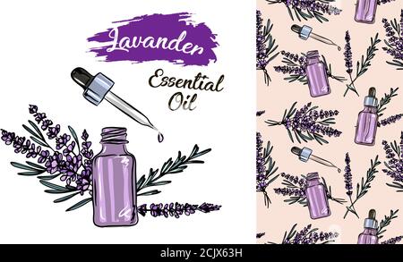 Lavendel ätherisches Öl Flasche und Blumenstrauß Hand gezeichnet Vektor-Illustration. Isolierte Zeichnung für Aromatherapie Behandlung, alternative Medizin, Stock Vektor