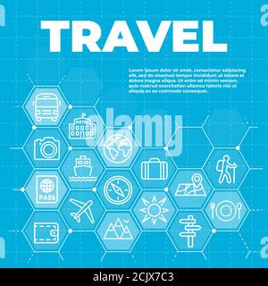 Reise- und Tourismusblau mit Symbolen und Hinweisschildern Stock Vektor