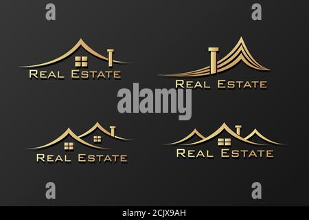 Immobilienbau, Gebäude Goldene Farbe Logo Vektor-Design auf schwarzem Hintergrund für Ihr Unternehmen Symbol. Stock Vektor
