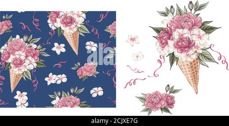 Schöne Urlaubskollektion mit zarten Bouquet von bunten blühenden, Zweige und Blätter in Waffelkegel Eis, florale nahtlose Muster mit b Stock Vektor