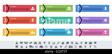 Infografik design Business Konzept Vector Illustration mit 9 Schritte und Optionen oder Prozesse, Arbeitsabläufe oder Diagramm oder Web button Banner dar Stock Vektor
