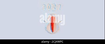 Ein Schneemann aus Mehl mit Karotten und Streichhölzern. Neujahrskonzept Postkarte 2021. Banner Stockfoto