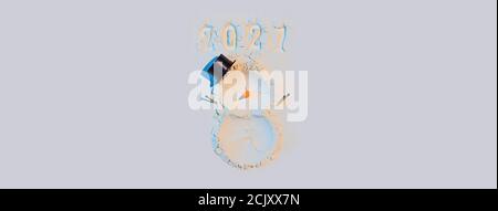 Ein Schneemann aus Mehl mit Karotten und Streichhölzern. Neujahrskonzept Postkarte 2021. Banner Stockfoto