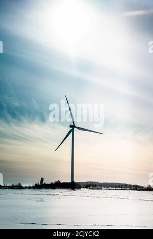 Vertikales Foto von Standalone gestoppt Windmühle, kein Wind. Gefrorene Küste der Ostsee. Große Sonne am Himmel mit weißen blauen rosa Licht Cirrus Wolken. Kalte Sonne Stockfoto