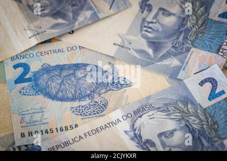 Brasilianisches Geld, zwei Reais mit einer Schildkröte Stockfoto