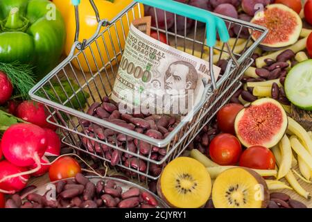 Einkaufskorb mit Paraguay Geld, rund um Lebensmittel, Gemüse und Obst. Das Konzept der Inflation, steigende Preise und teurere Lebensmittel Stockfoto