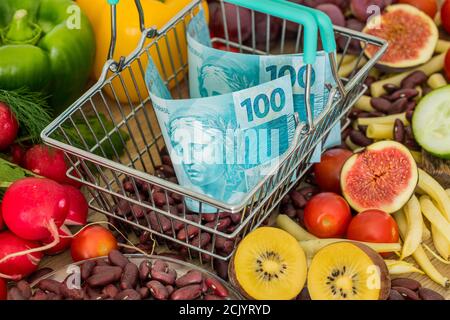 Einkaufskorb mit brasilianischem Geld, rund um Lebensmittel, Gemüse und Obst. Das Konzept der Inflation, steigende Preise und teurere Lebensmittel Stockfoto