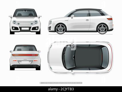 Moderne kompakte Stadt Auto Mockup. Seiten-, Ober-, Vorder- und Rückansicht. Stock Vektor