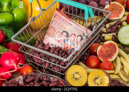 Einkaufskorb mit bolivianischem Geld, rund um Lebensmittel, Gemüse und Obst. Das Konzept der Inflation, steigende Preise und teurere Lebensmittel Stockfoto