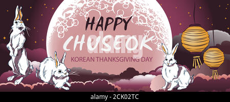 Happy Thanksgiving Day in Korea, der Name des Feiertages ist in chinesischen Worten geschrieben, handgezeichnete Elemente von Happy Chuseok-Mitte Herbst Vollmondfest Stock Vektor