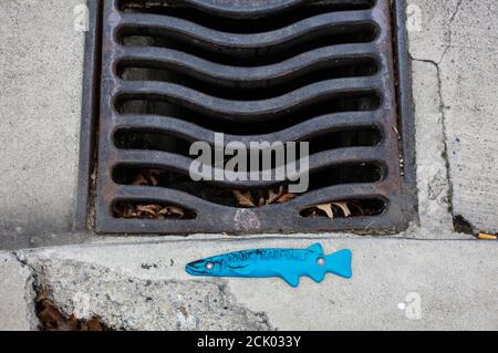 Warnung zu neuem Abfluss. Nur für Regenwasser - keine Entsorgung von Haushalts- oder Industrieabfällen in die Regenwasserkanalisation. Schützen Sie die Fischwelt. Stockfoto