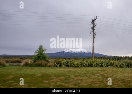 Neuseeländische Landschaft mit Mt Ruapehu und Telefonkabel Stockfoto