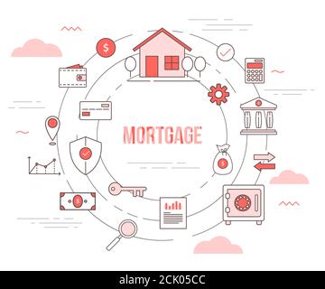 Hypothekenhauskonzept mit Icon Set Template Banner mit modernen Orangefarbenes Design Stock Vektor