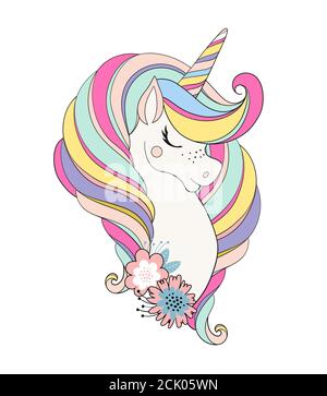 Einhorn Kopf mit Blume. Schönes Porträt eines magischen Pferdes für Design, Postkarte, Einladung, Kinderparty. Farbige Vektorgrafik isoliert auf weißem Hintergrund Stock Vektor