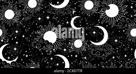 Nahtloses Schwarz-Weiß-Raumanmuster mit Sonne, Halbmond und Sternen auf blauem Hintergrund. Mystisches Ornament des Nachthimmels für Tapete, Stoff, Astrologie, Wahrsagerei. Vektorgrafik Stock Vektor