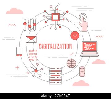Digitalisierungstechnologie Konzept mit Icon Set Template Banner mit Modern Orangefarbenes Design Stock Vektor