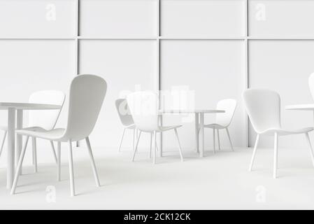 Innencafé oder Restaurant innen, Tische und Stühle 3d-Darstellung. Weiße Wand und Fenster Modell Innenraum 3d. Konferenzraum. Stockfoto