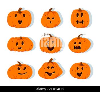 Halloween Kürbisse Papier geschnitten Icon Set. Verschiedene Formen Squash mit geschnitzten niedlichen Gesichtern Emotion. Schild gruselig lustig schneiden Kürbis Lächeln. Dekor für im Oktober Horror Party Einladung Vektor Illustration Stock Vektor