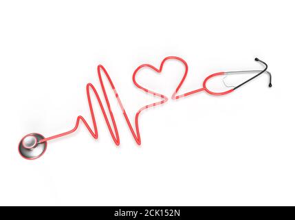 Stethoskop und eine Silhouette von Herz und EKG. 3d-Illustration Stockfoto