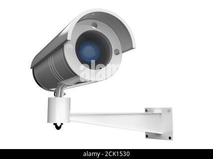 Realistischer Sicherheitskamerasatz. CCTV-Überwachungssystem. 3d-Illustration isoliert auf weißem Hintergrund Stockfoto