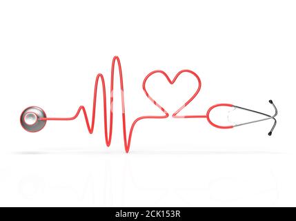 Stethoskop und eine Silhouette von Herz und EKG. 3d-Illustration Stockfoto