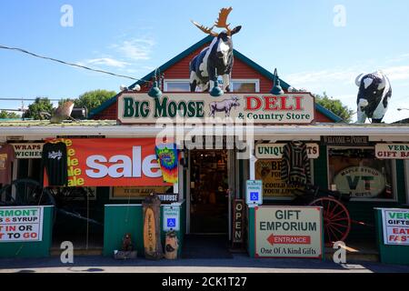 US-Flaggen und Tierskulpturen dekoriert Big Moose Deli & Country Store.Hoosick.New York.USA Stockfoto