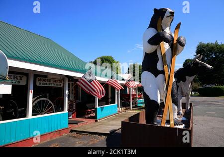 US-Flaggen und Tierskulpturen dekoriert Big Moose Deli & Country Store.Hoosick.New York.USA Stockfoto